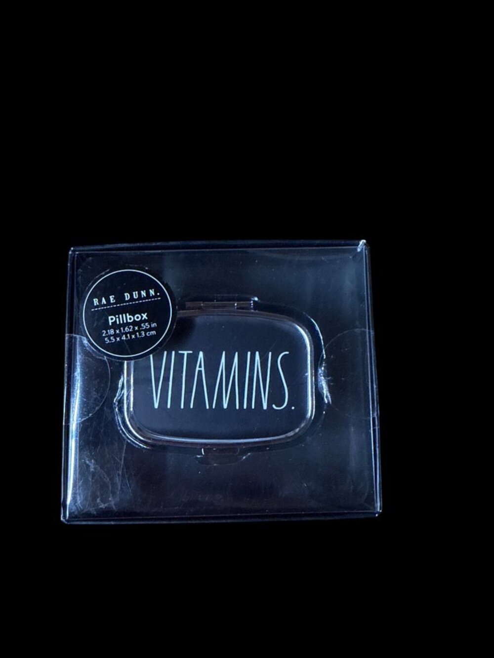 Rae Dunn “VITAMINS” Black Metal Pillbox White Lettering Travel Organizer